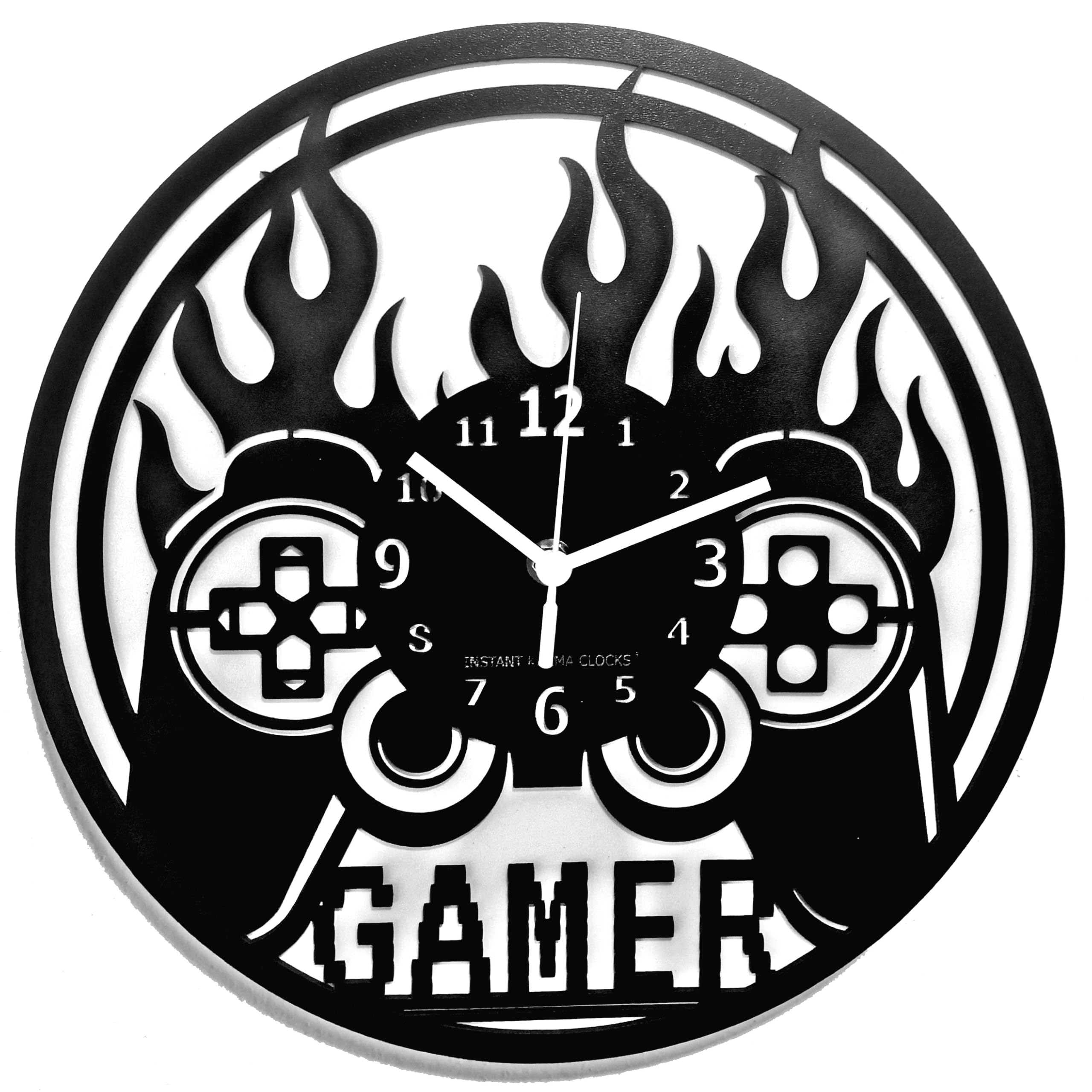 Instant Karma Clocks | Gamer Wall Clock with Game Controller and Flame Design | Silent No-Ticking | Perfect for Bedroom, Office, Studio, Cabin, Living Room | Unique Decoration