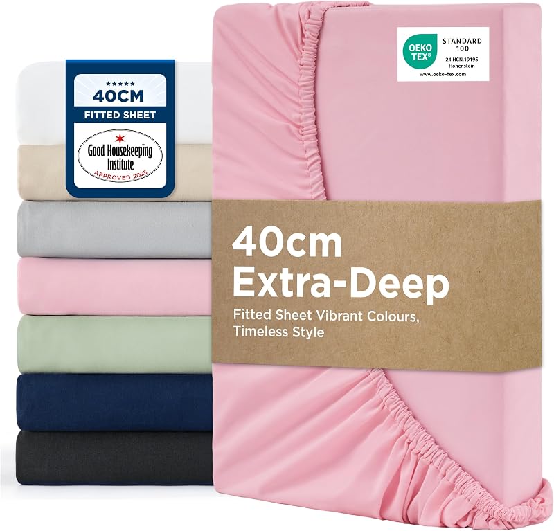 Bedsure Double Fitted Sheet Deep 16in Pocket 135x190 Pink Microfiber