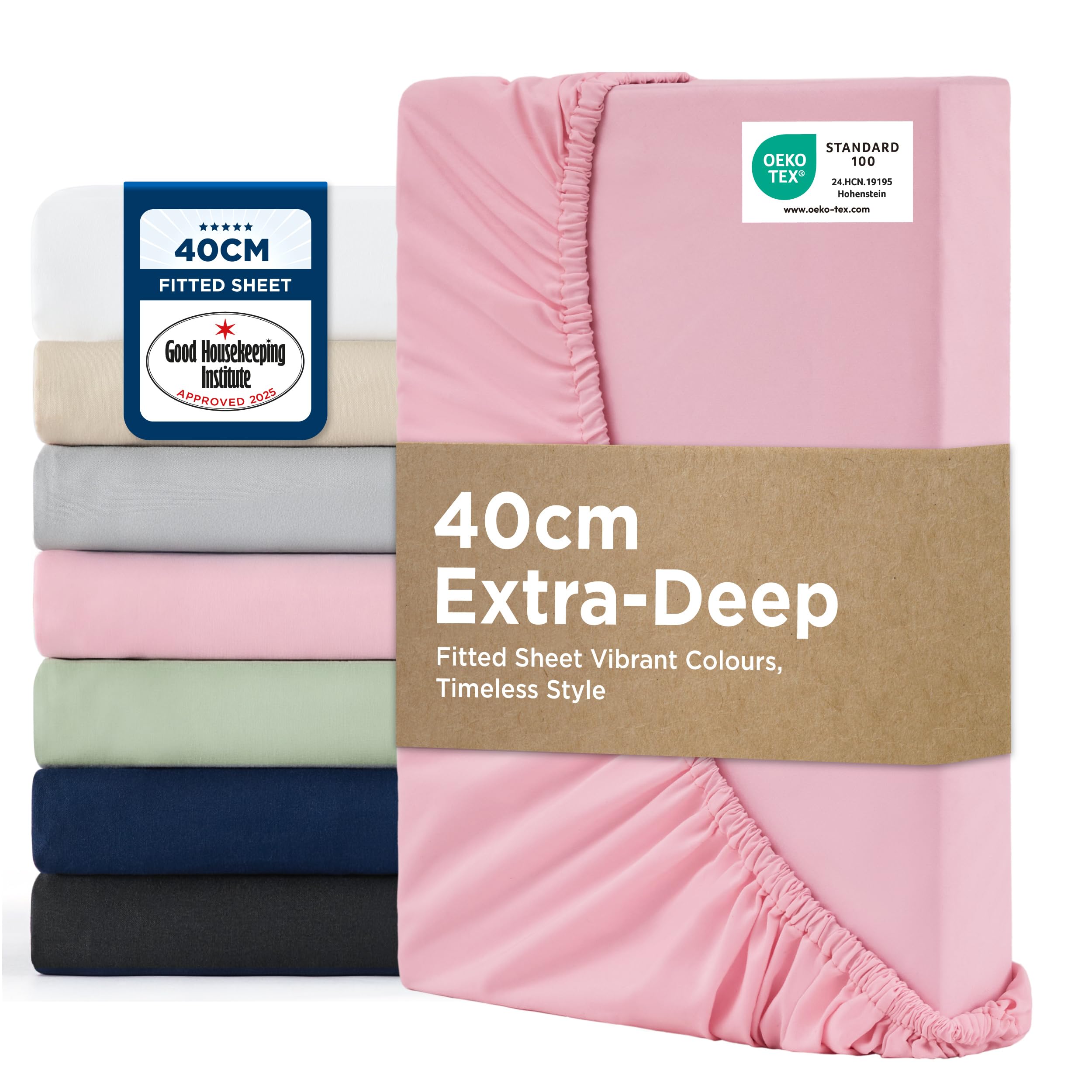 Bedsure King Fitted Sheet Deep - Bed Sheets Extra Deep Pocket 16 Inches (40 cm), Soft Brushed Polyester Microfiber Material for King Size Bed, Pink, 150x200cm — image 1