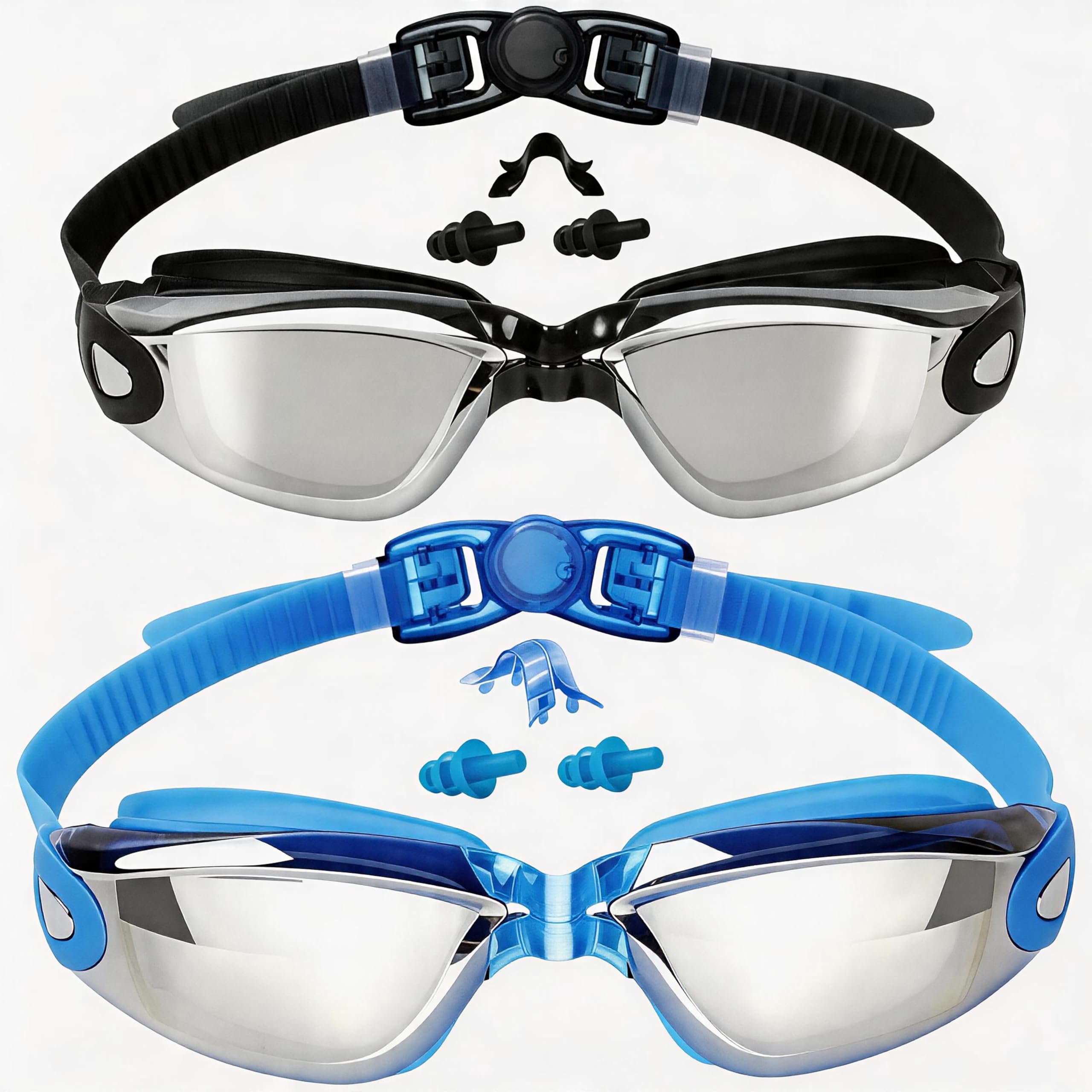 EverSport Kids Swim Goggles, Pack of 2 Swimming Goggles for Children Teens, Anti-Fog Anti-UV Youth Swim Glasses Leak Proof for Age4-16, Mirrored Blue & Black, Portable