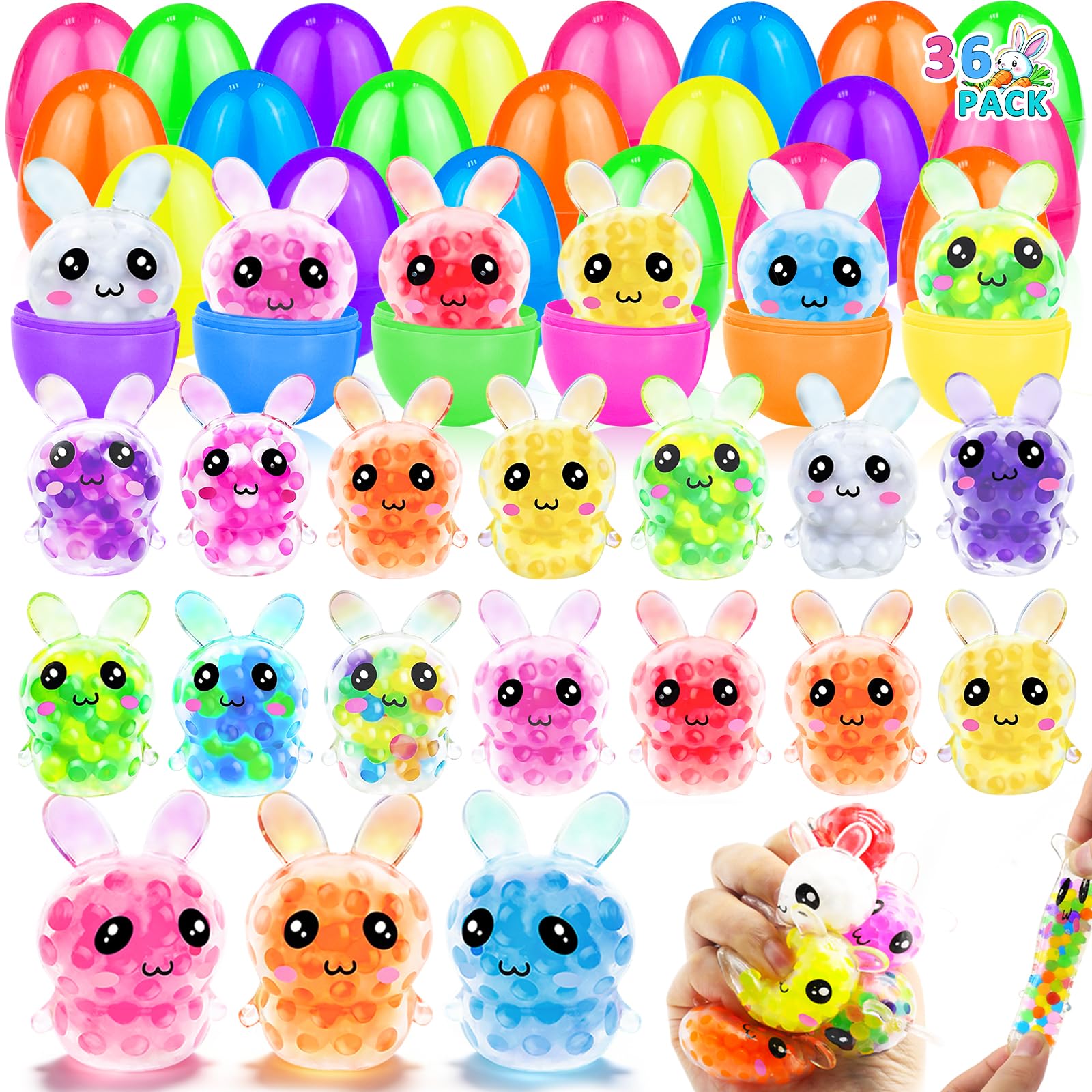 Easter Basket Stuffers 36 Pack Prefilled Easter Eggs with Bunny Stress Balls Fidget Toys 12 Colors Stress Relief Squishies Balls for Kids Boys Girls Toddlers Easter Egg Fillers Hunt Party Favors Gifts