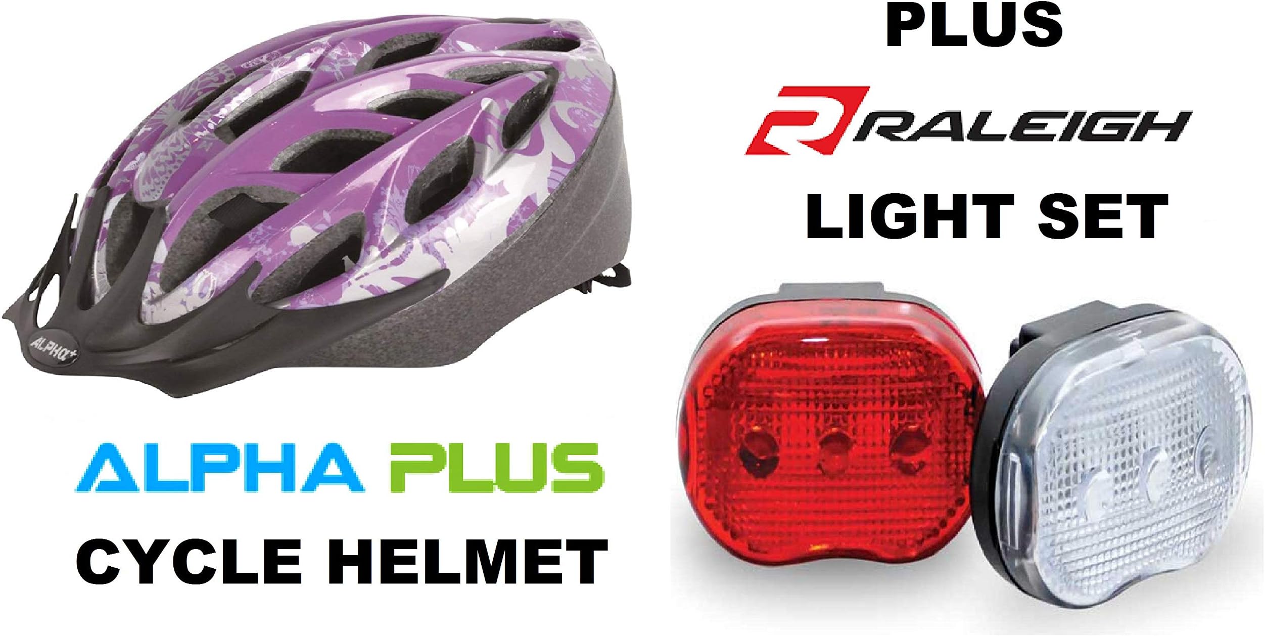 Alpha Plus Purple Cycle Helmet 52-58cm & RALEIGH Bike Light Set