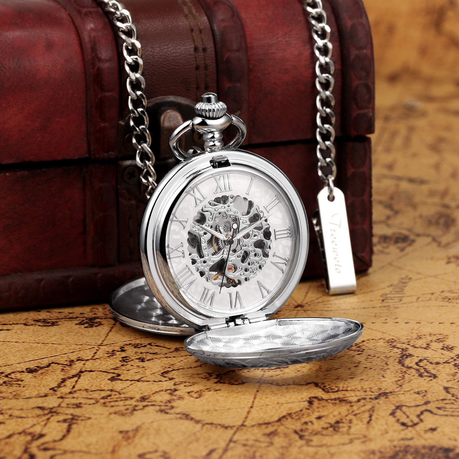 Men's Mechanical Skeleton Pocket Watch for Mens Women Blue Roman Numerals Dial Double Case Pocket Watches