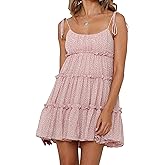 kinstell Women's Boho Spaghetti Strap Ruffle Square Neck Bowknot Backless Sleeveless Elegant Flowy Mini Short Skater Dresses