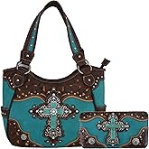 Western Style Rhinestone Cross Conchos Studded Women Purse Tooled Leather Handbag Country Shoulder Bag Trifold Wallet Set