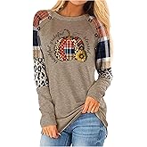 Thankful Blessed Thanksgiving Shirts Vintage Color Block T Shirt Blouse for Women Long Sleeve Splicing Tee Tops Tunic