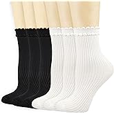 Mcool Mary Women's Ankle Socks, Breathable Cotton Crew White Frilly Socks with Cute Scalloped Edges 6 Pairs