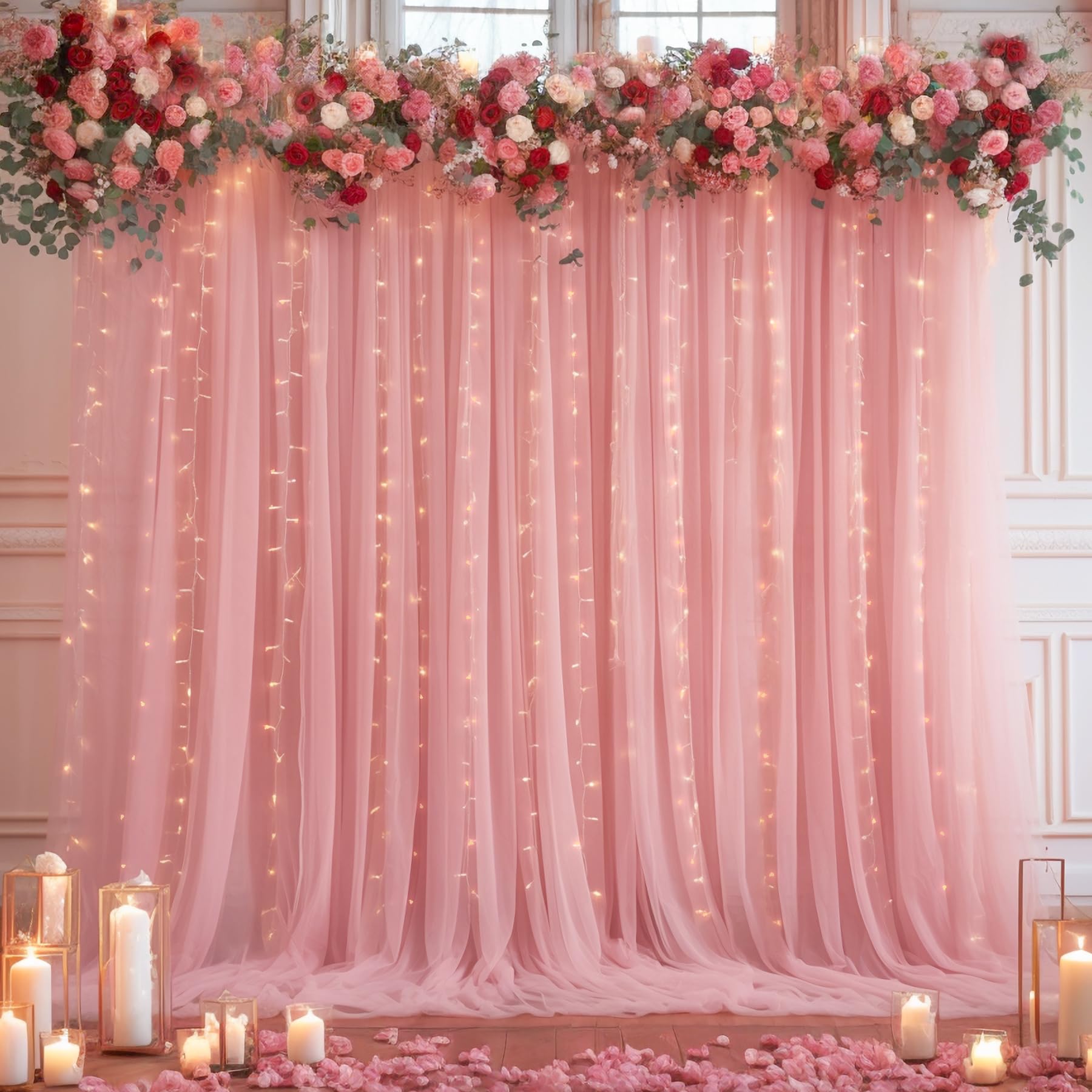 Photo 1 of 10x10ft Dusty Rose Tulle Backdrop Curtain with Lights String for Parites, Sheer Photo Backdrop Drapes for Wedding Baby Shower Bridal Shower Birthday Party Photo Shoot Background Decorations