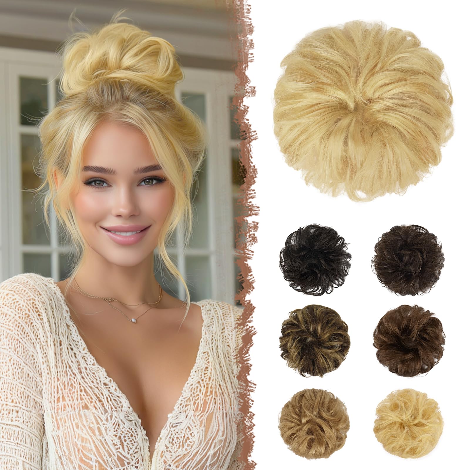 FESHFEN Human Hair Messy Buns, 100% Human Hair Bun Hair Piece Real Hair Extension Wavy Curly Hair Scrunchies Tousled Updo Chignon Hairpieces for Women Girls, Light Blonde