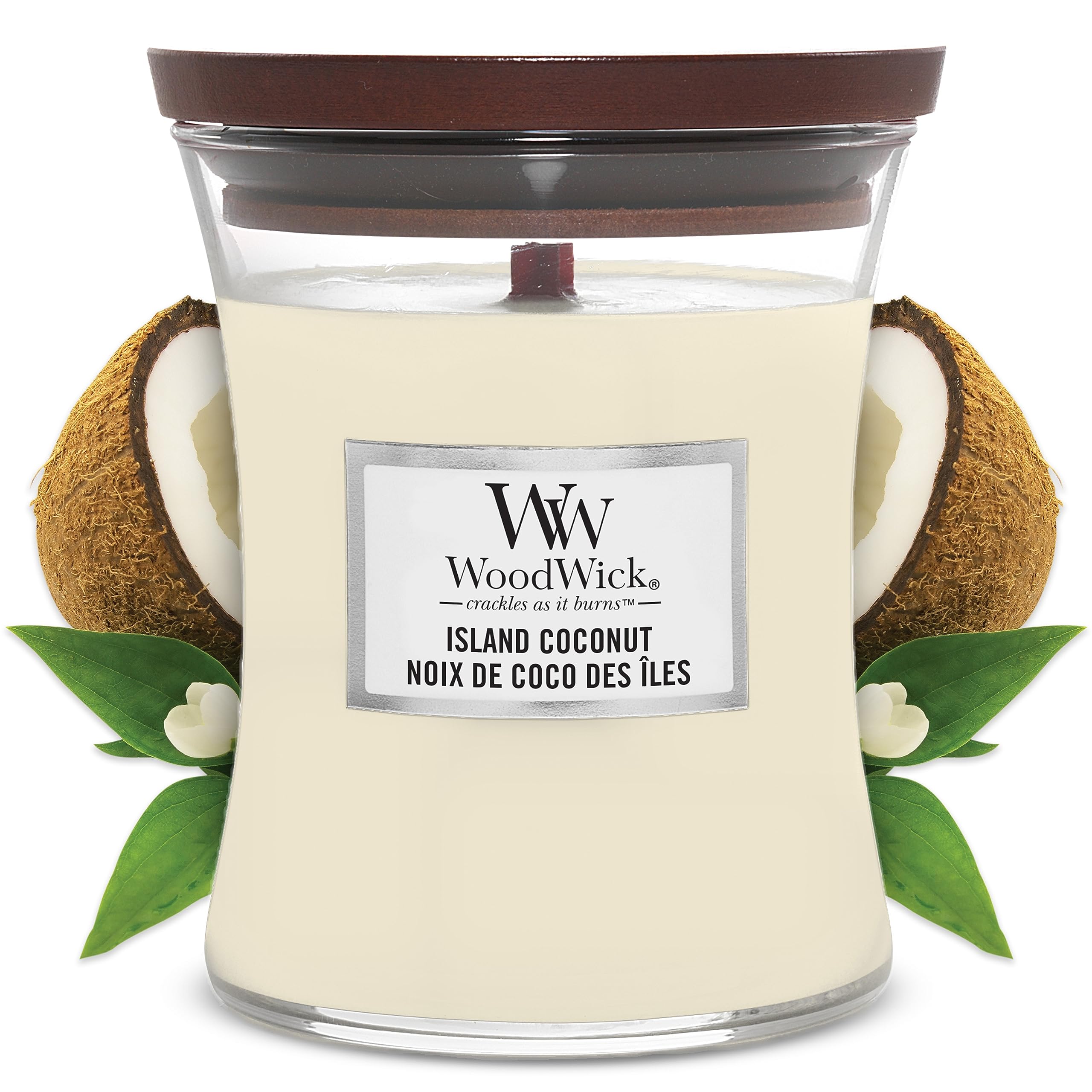 WoodWick Medium Hourglass Scented Candle | Island Coconut | with Crackling Wick | Burn Time: Up to 60 Hours