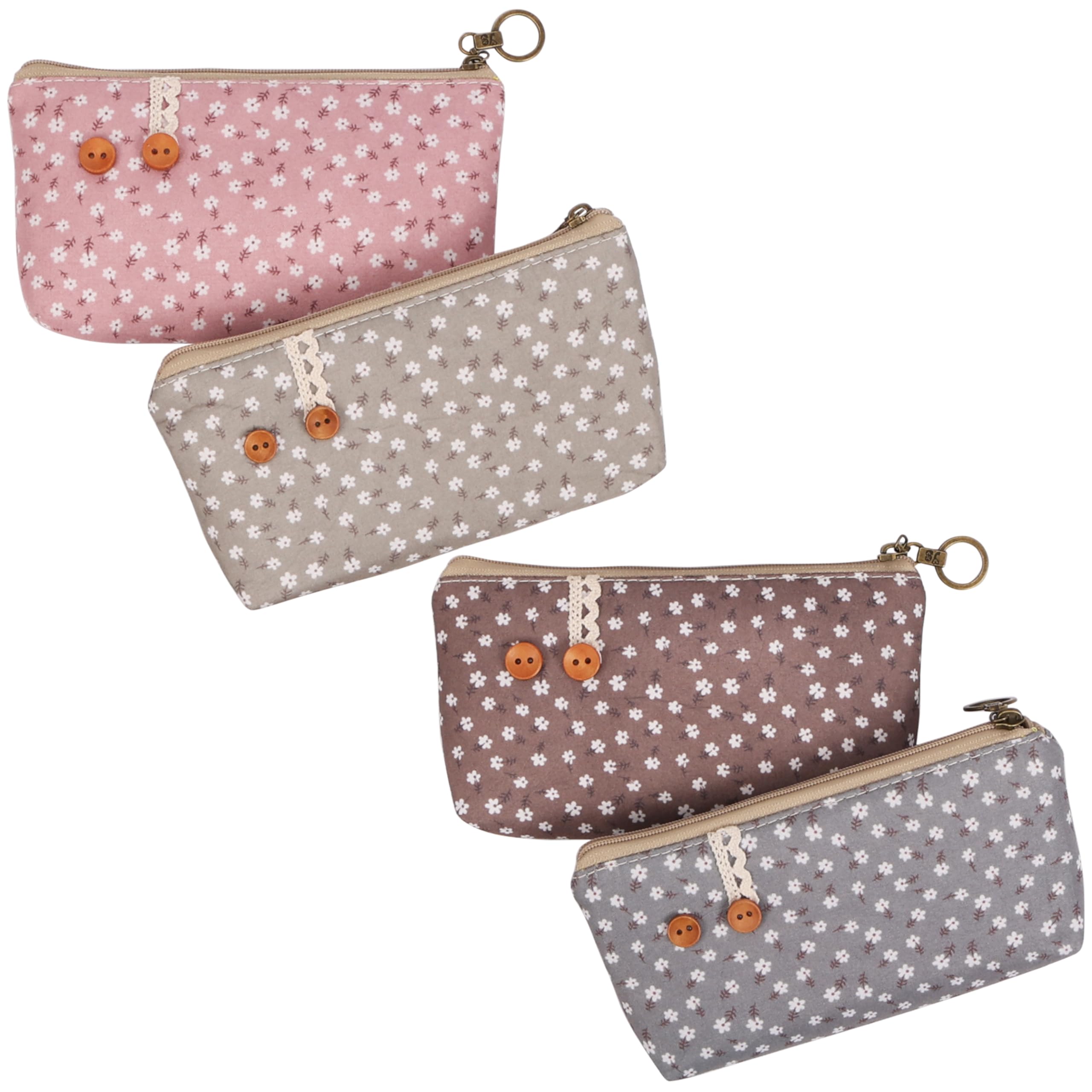 Belle Vous (4 Pack) Floral Canvas Pencil Case Set - Zipper Pouch Bags for School, Stationery, Cosmetics, Makeup, Toiletries, Craft Supplies and Travel