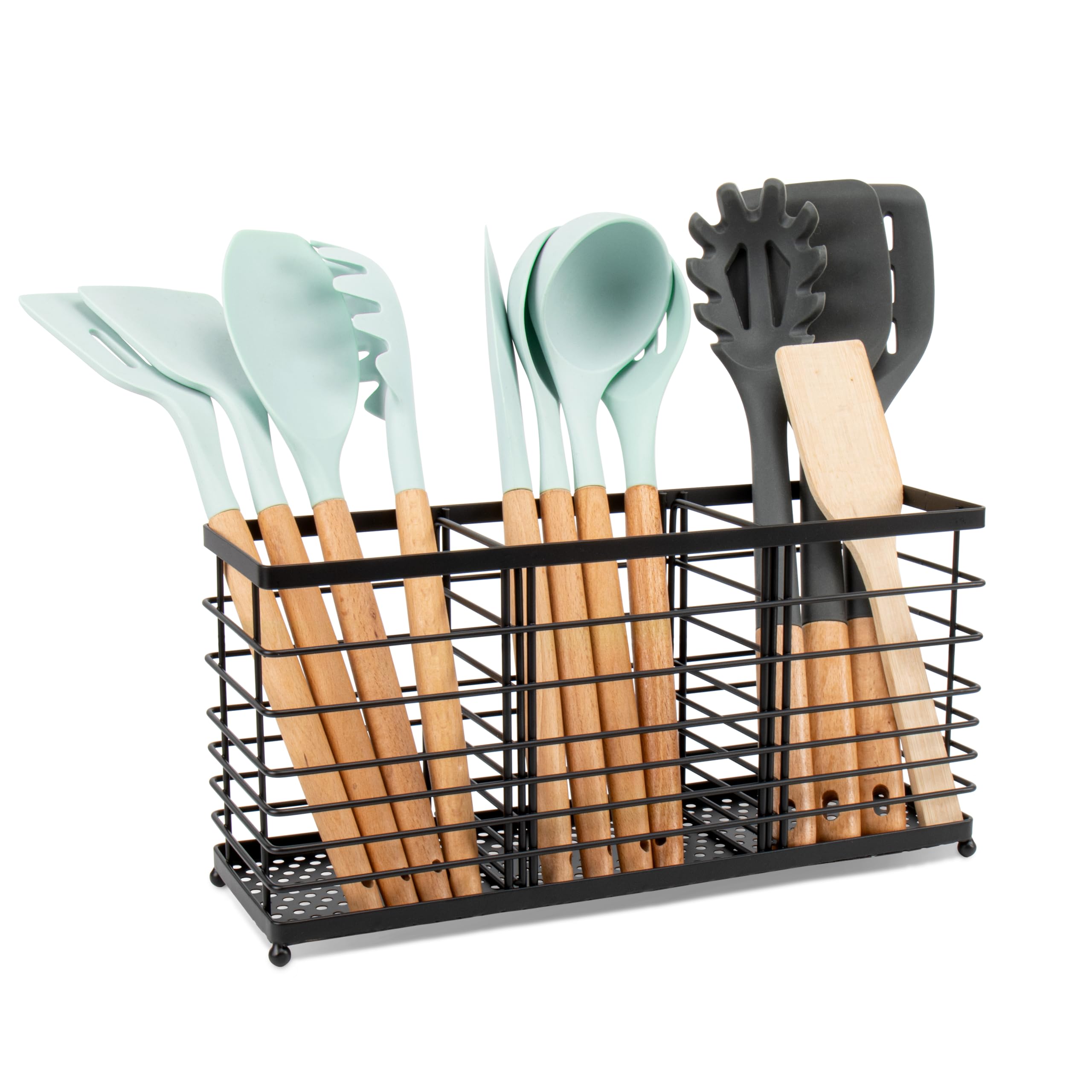 Photo 1 of RedCall 3 Compartments Utensil Holder,Extra Large Cooking Utensil Organizer for Countertop,Black Metal Spoon Spatula Holder,Kitchen Tools Storage Holder,Kitchen Decor