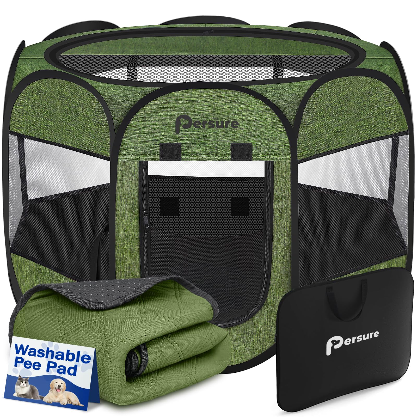 Photo 1 of Dog Cat Playpen Indoor Outdoor for Puppy Pet Dogs Cat Recovery After Surgery, Dog Tent Crates Cage Indoor/Outdoor, Portable Pop Up Kennel with Carrying Case for Travel (Premium Green with Pad, Small)
