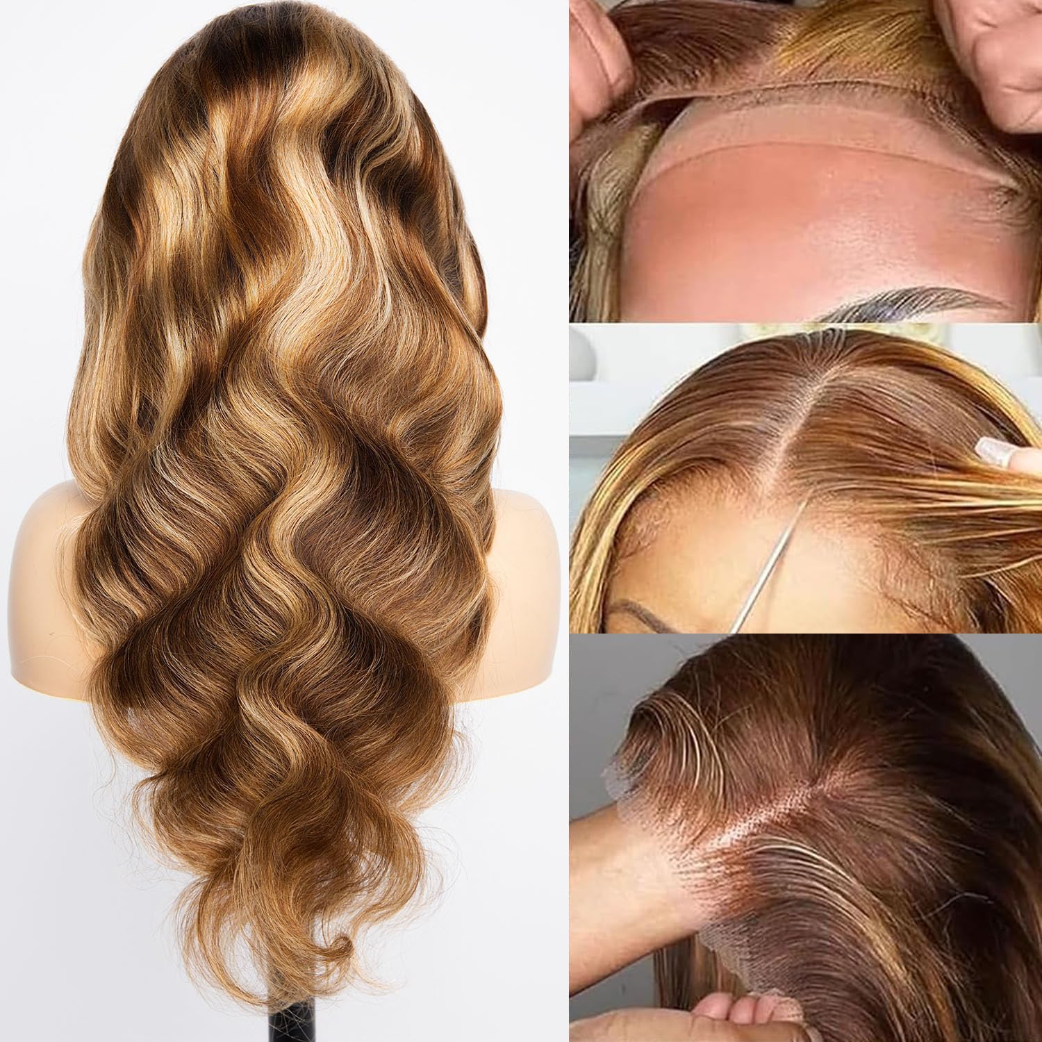 Condition photo showing New/Like New for yeuoin ombre highlight lace front wigs human hair pre cut 5x5glueless #4/27 honey blonde body wave w