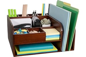 MissionMax Brown Bamboo Desk Organizer with attached Upright File Holders. Fully Assembled and Holds all your Accessories, Supplies and Storage needs for Office, Home and Classroom Organization