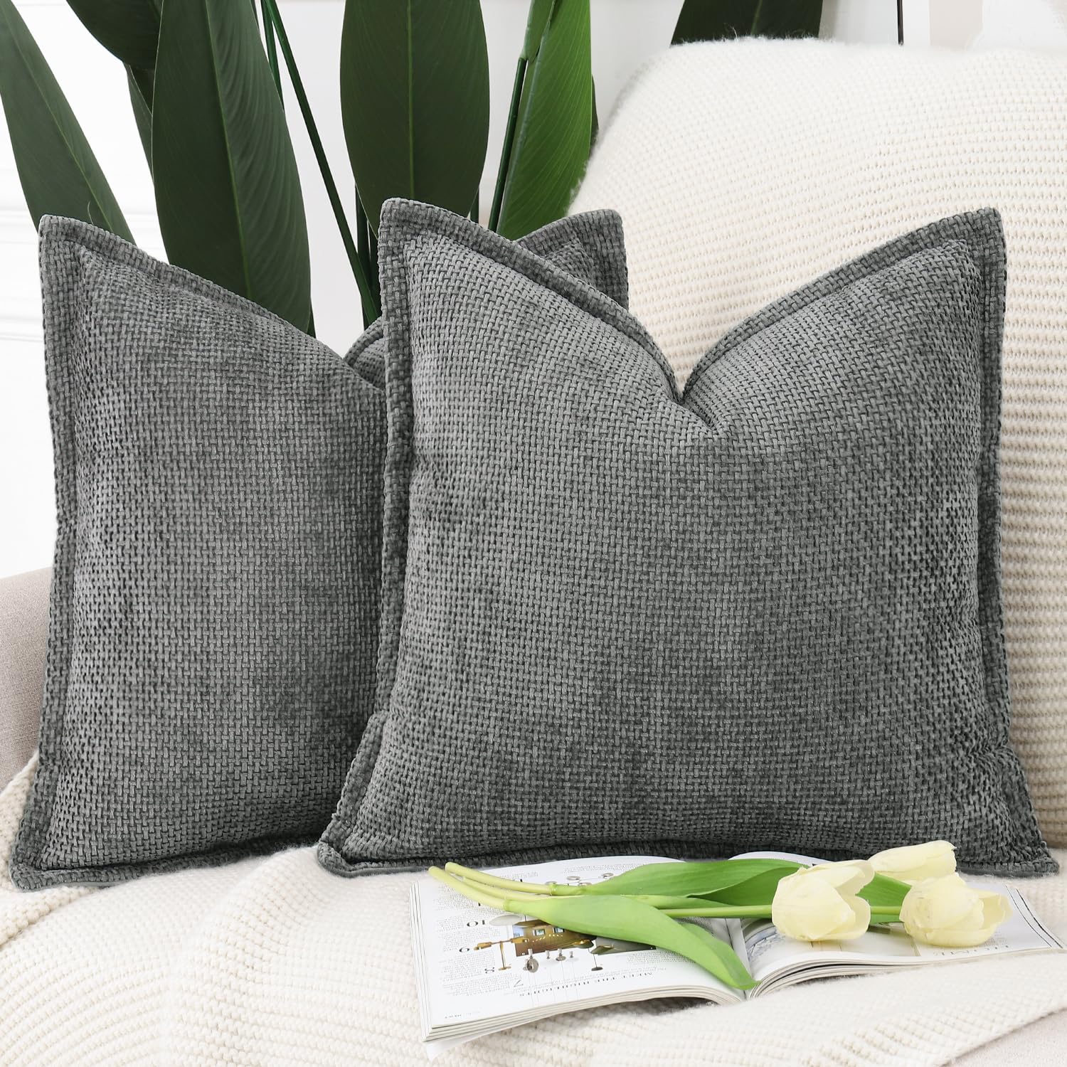 Madizz Set of 2 Chenille Velvet Cushion Covers with Flange Soft Boho Textured Throw Pillow Covers Broadside Pillowcases Modern Farmhouse Home Decor for Sofa Bedroom Dark Grey 18x18 inch, 45x45 cm