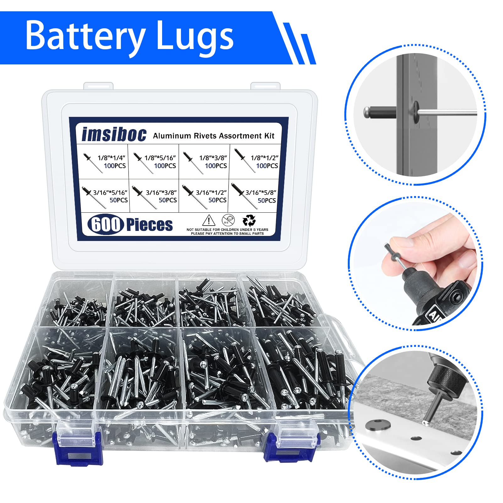600PCS Black Pop Rivets, 8 Sizes of Aluminum Blind Rivets Assortment Kit（1/8