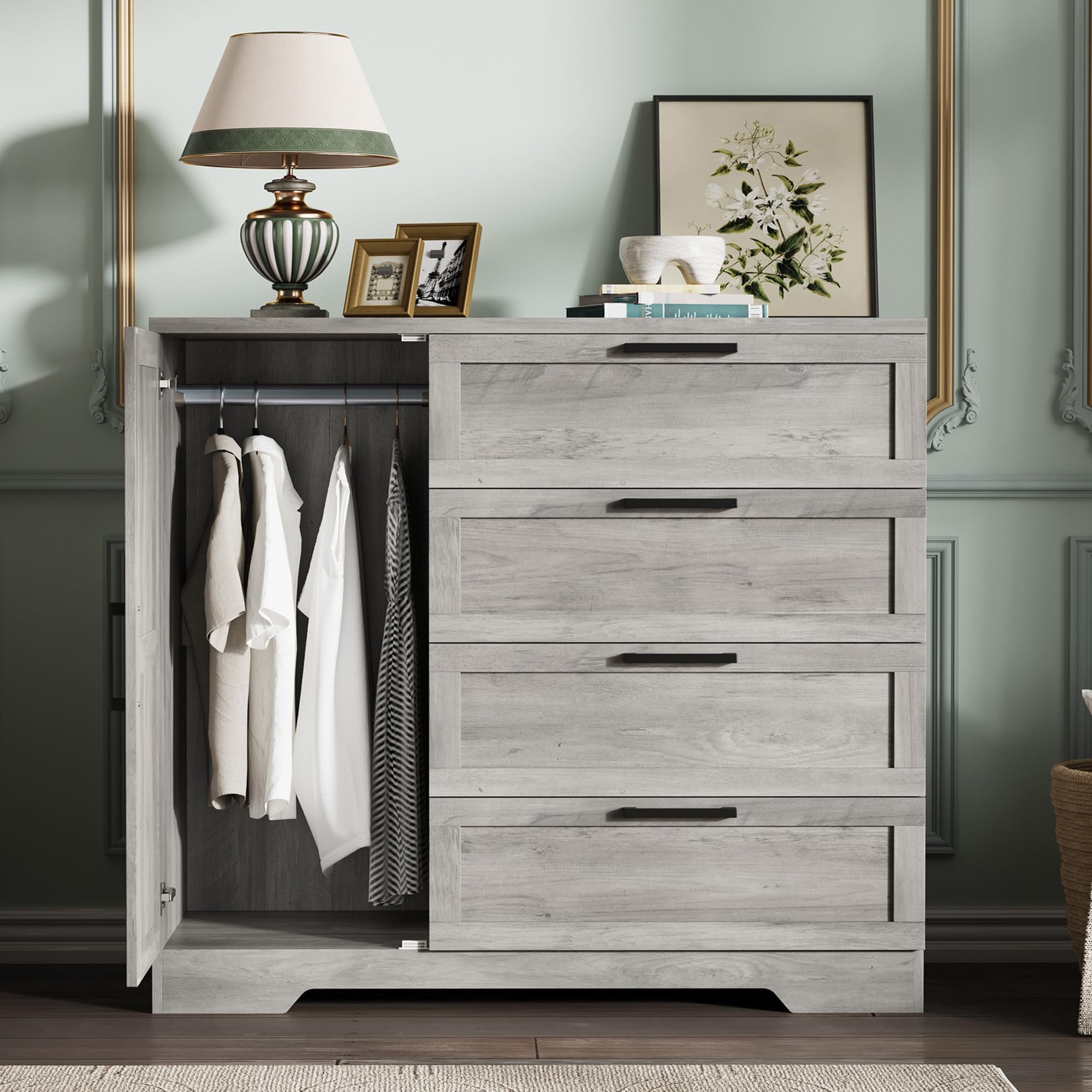 Photo 1 of GarveeHome Wood Armoire Wardrobe Closet with 4 Drawers and Door, 43.3 in H Bedroom Wardrobe Cabinet with Hanging Rod, Clothing Storage Cabinets, 4 Drawers Dresser with Storage Closet, Gray