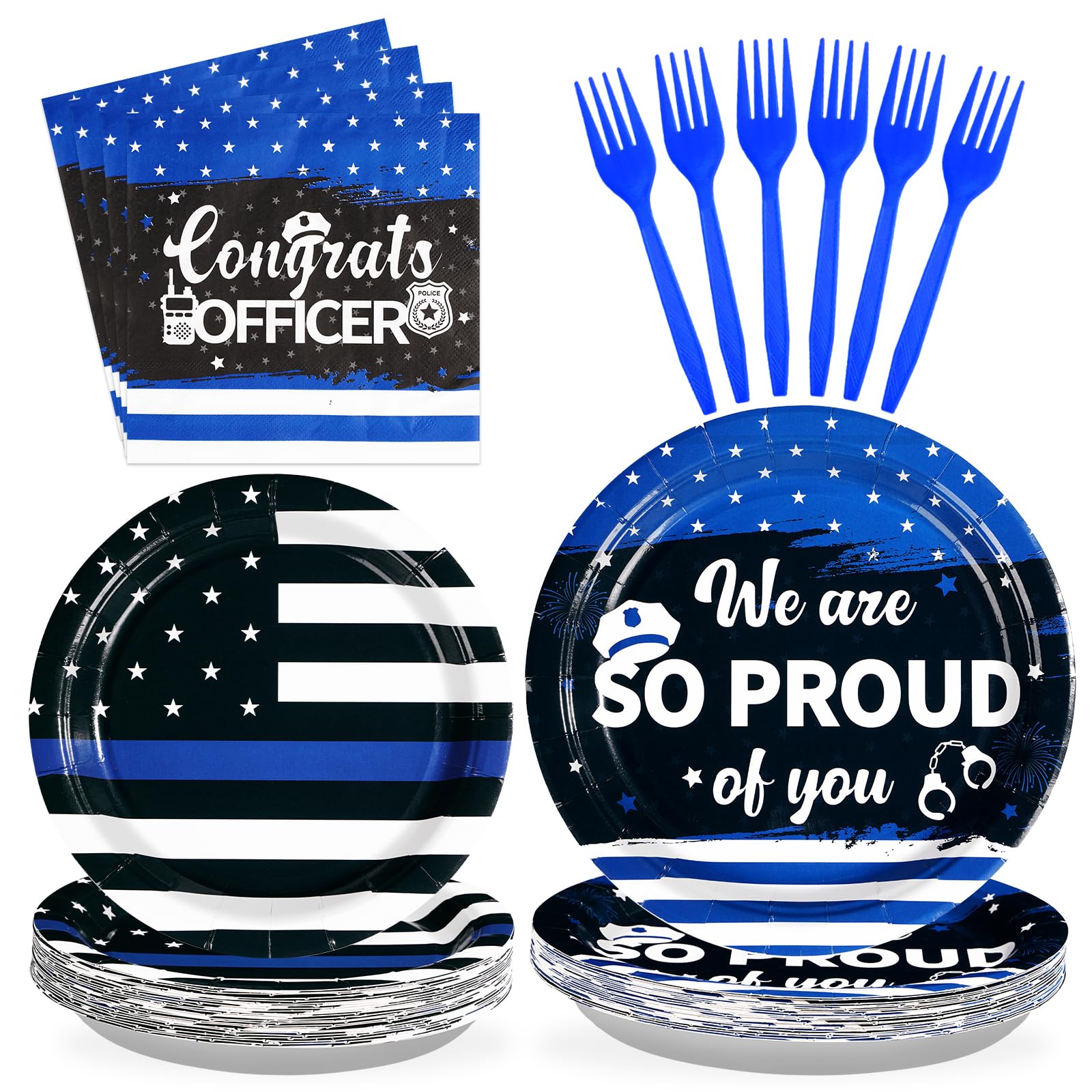 Photo 1 of 96Pcs Police Party Supplies We Are So Proud of You Police Theme Plates and Napkins Sets Congrats Officer Decorations for Cop Greeting Academy Graduation Retirement Promotion Party Serves 24