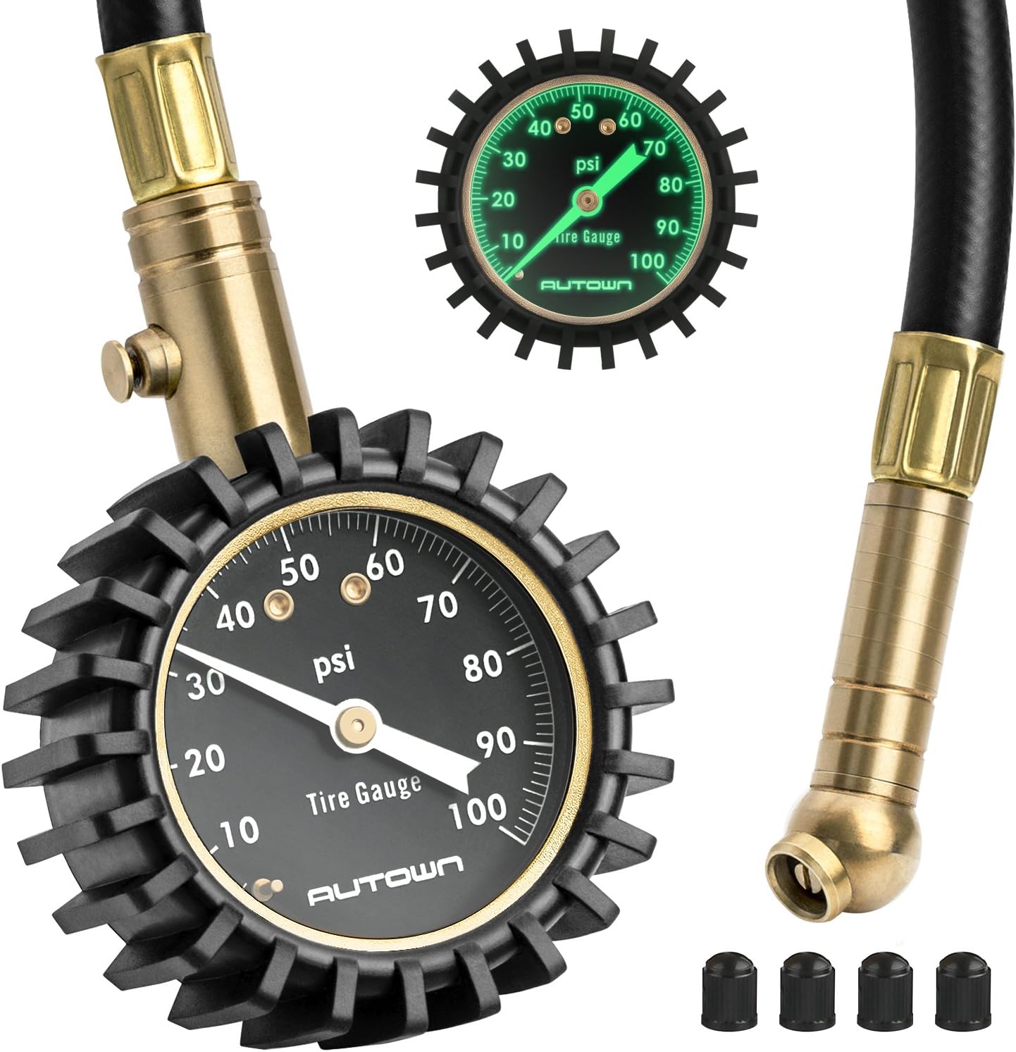 AUTOWN 100 PSI Mechanical Tyre Pressure Gauge (Luminous Hands and Markers) for Car, Motorbike, Truck, SUV, incl. 4 valve Caps