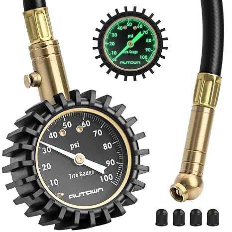 AUTOWN Mechanischer Reifendruckmesser, Tragbarer Reifendruckprüfer Manometer 0-100 PSI mit Zifferblatt, 360° drehbares Kugelg