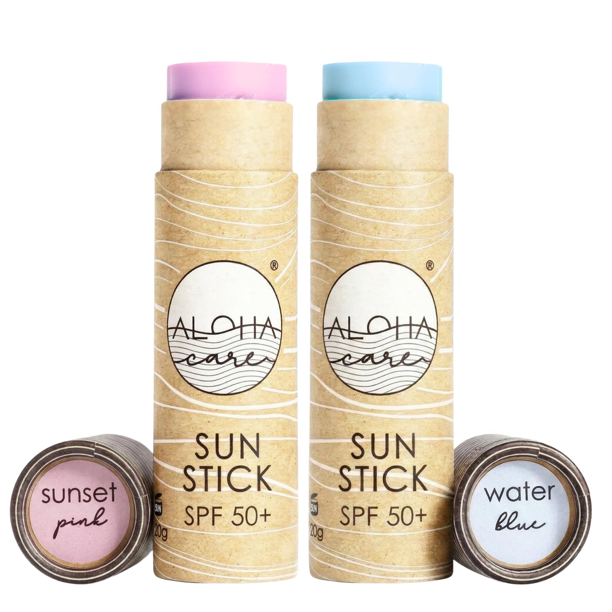 Aloha Care Sun Stick SPF 50+ | Face Mineral Sunscreen for Surfing | Eco-friendly Paper Tube 20g (2-pack blue + pink)