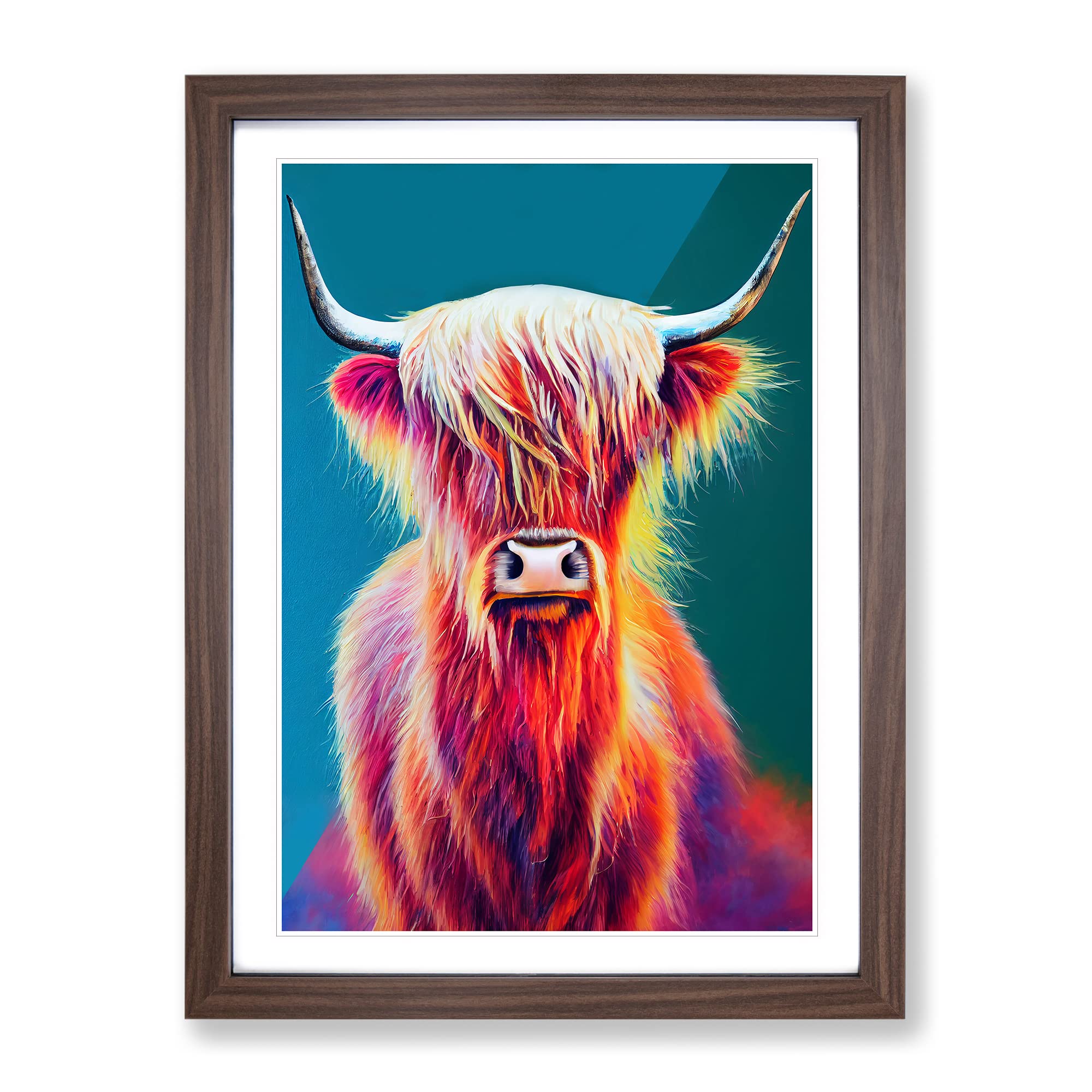 Colourful Highland Cow No.2 Framed Print | A4 Walnut Framed Wall Art | Ready to Hang | Modern Animal Picture | Living Room Bedroom Lounge Office