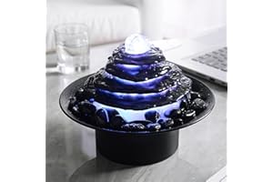TOLEVOIT Home Décor Stone Flake Waterfall Tabletop Fountain 4-Layer Black Cobblestone Changing Color Led Glass Rotating Ball Water Sound Gift(23146)