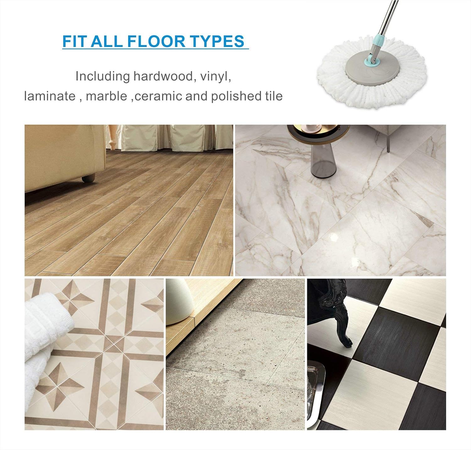 VENETIO Householding 360 Spin Mop and Bucket System with Wringer Set - Dry Wet Self Wringing for Fast Floor Cleaning with 2 Microfiber Mop Heads for Wood, Hardwood, Laminate, Tile - Commercial Grey: Home & Kitchen