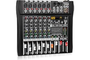 MICNAUX Audio Mixer 6 Channel Professional Mixer Console with 320 DSP Effects, 7-band EQ Sound Mixing Board Digital DJ Mixer w/USB Bluetooth MP3 for Recording, Independent 48V Power & Mute Button
