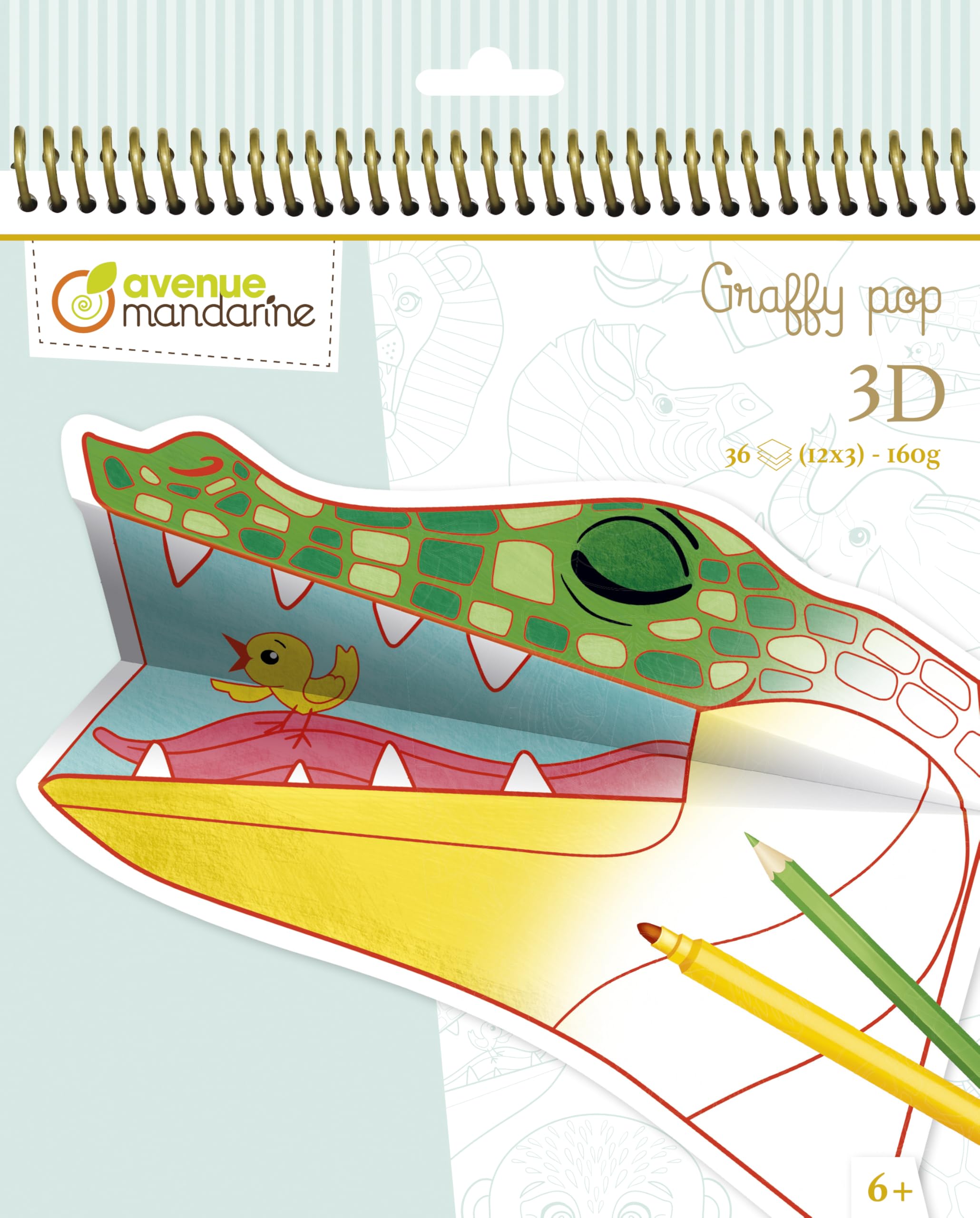 Avenue Mandarine - Ref GY107C - Graffy Pop 3D Colouring Book - Animals of the Savannah - 36 Pre-Cut Colouring Pages, 12 Designs, 160gsm Drawing Paper, Suitable for Ages 6+