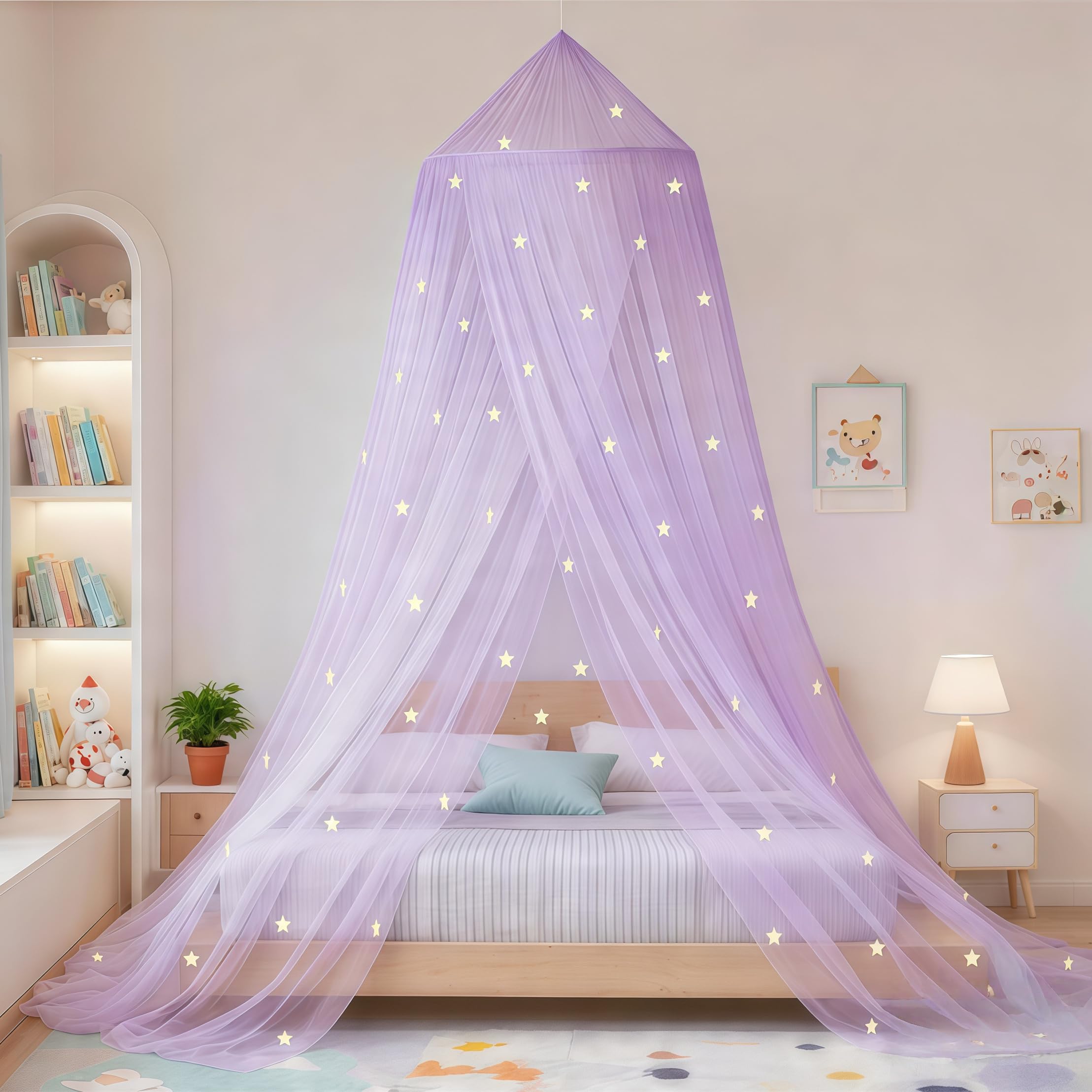 Eimilaly Stars Bed Canopy Glow in The Dark, Bed Canopy for Girls Mosquito Net, Princess Canopy for Girls Bed Room Decor, Purple — image 1