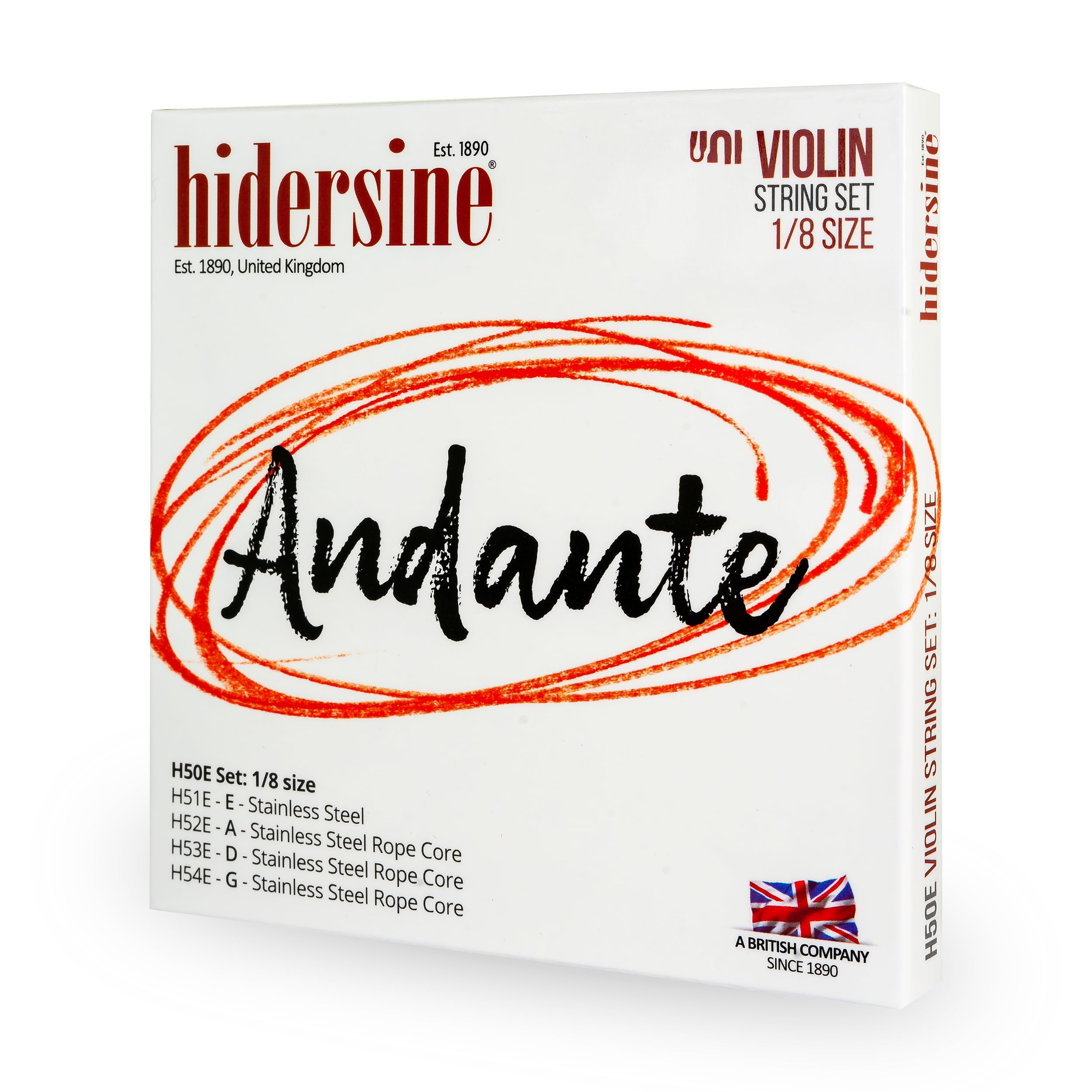 Hidersine Andante Violin Strings SET for 1/8 size - Steel Rope Core for easy playing feel. - Great tone and Great Value - Ideal Student Strings for eighth sized Violins - A Full Set of 4 strings.