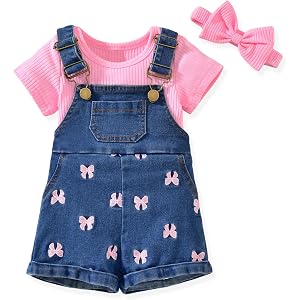 KOZBY 3-18 Months Baby Girls Denim Overall Shorts Set Short Sleeve Romper Jean Shortall Outfit