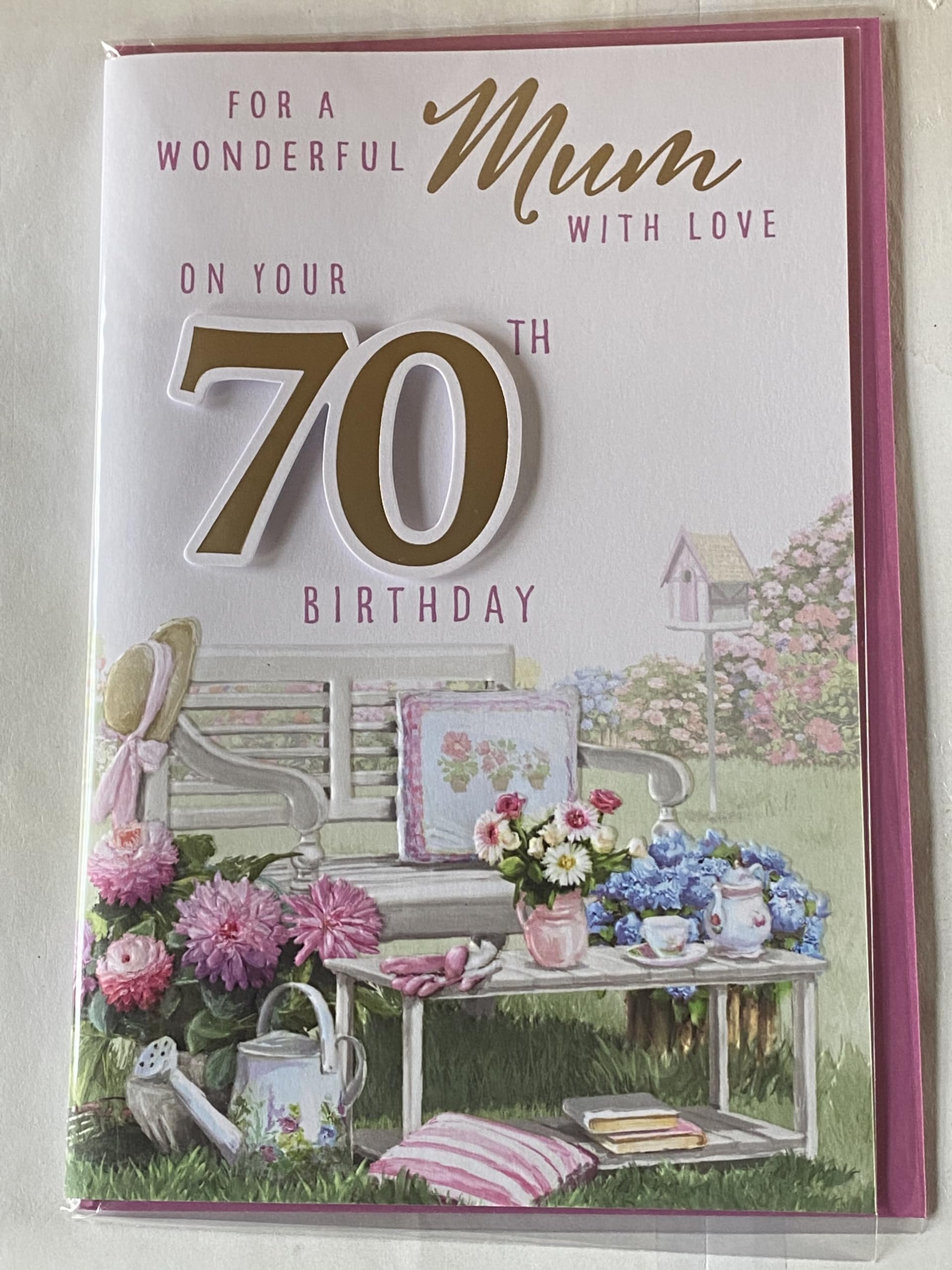 For A Wonderful Mum With Love On Your 70th Birthday Card Age 70 70th Seventy White/Pink/Gold Garden Bench/Words 3D/Foil Detail(PRELUDE45688)