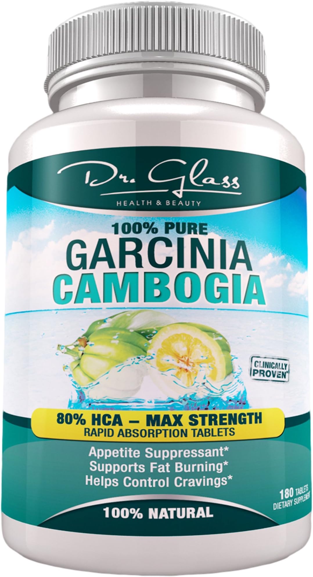 DR. GLASS *80% HCA* Pure Garcinia Cambogia Extract - 180 Fast Acting Tablets - Non-GMO - Risk FREE 1 Year Guarantee - Clinically Proven 100% Natural Appetite Suppressant & Weight Loss Formula - Decreases Appetite, Increases Energy & Burns Fat Naturally - FDA & GMP Cert. Manufacturing - 1,500 mg Per Serving - 3,000 mg Per Day- Gold Standard Ingredients & Quality - Lose Fat, Feel Great, Enjoy A Healthier YOU!