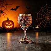Bekecidi 1PCS Day of the Dead Collector Goblet, Dia de los Muertos Skull Stemmed Glass, Hand-Painted Embossed Skeleton Floral Gold Rim Gothic Wine Chalice for Home Bar Altar Halloween Decor