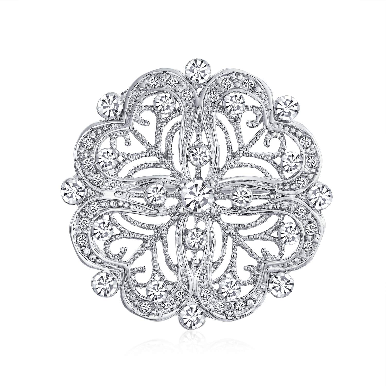 Vintage Antique Style Floral Heart Filigree CZ Brooch Pin For Women Silver Plated Brass