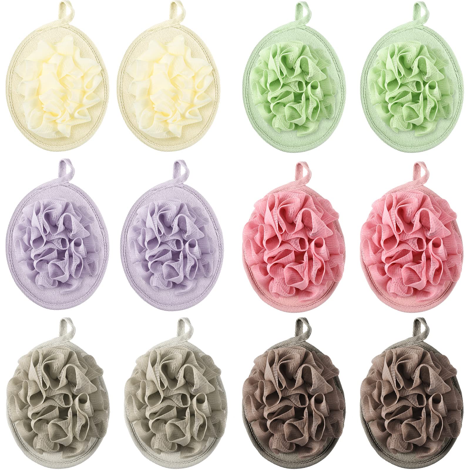 Photo 1 of 12 Pieces Shower Puff Bath Travel Loofah with Elastic Hand Strap Exfoliating Shower Gift Bulk Washable Loofah Mesh Sponges Bath Flower Ball Pad Body Scrubber for Men and Women