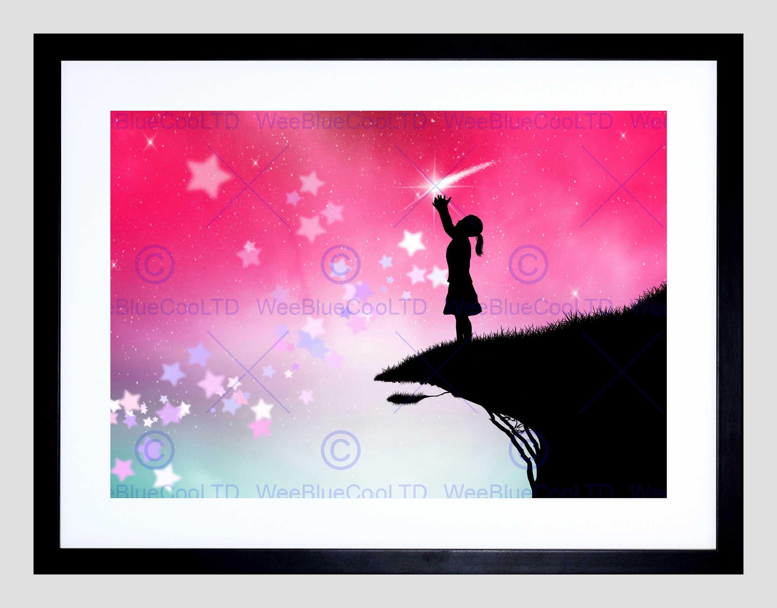 Wee Blue Coo Nursery Silhouette Pink Sky Stars Girl Kids Bedroom Framed Wall Art Print