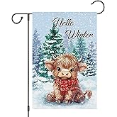 Heyfibro Hello Winter Highland Cow Garden Flag 12x18 Inch Double Sided Burlap Snow Tree Yard Flags for Seasonal Christmas Outside Outdoor Decoration (ONLY FLAG)