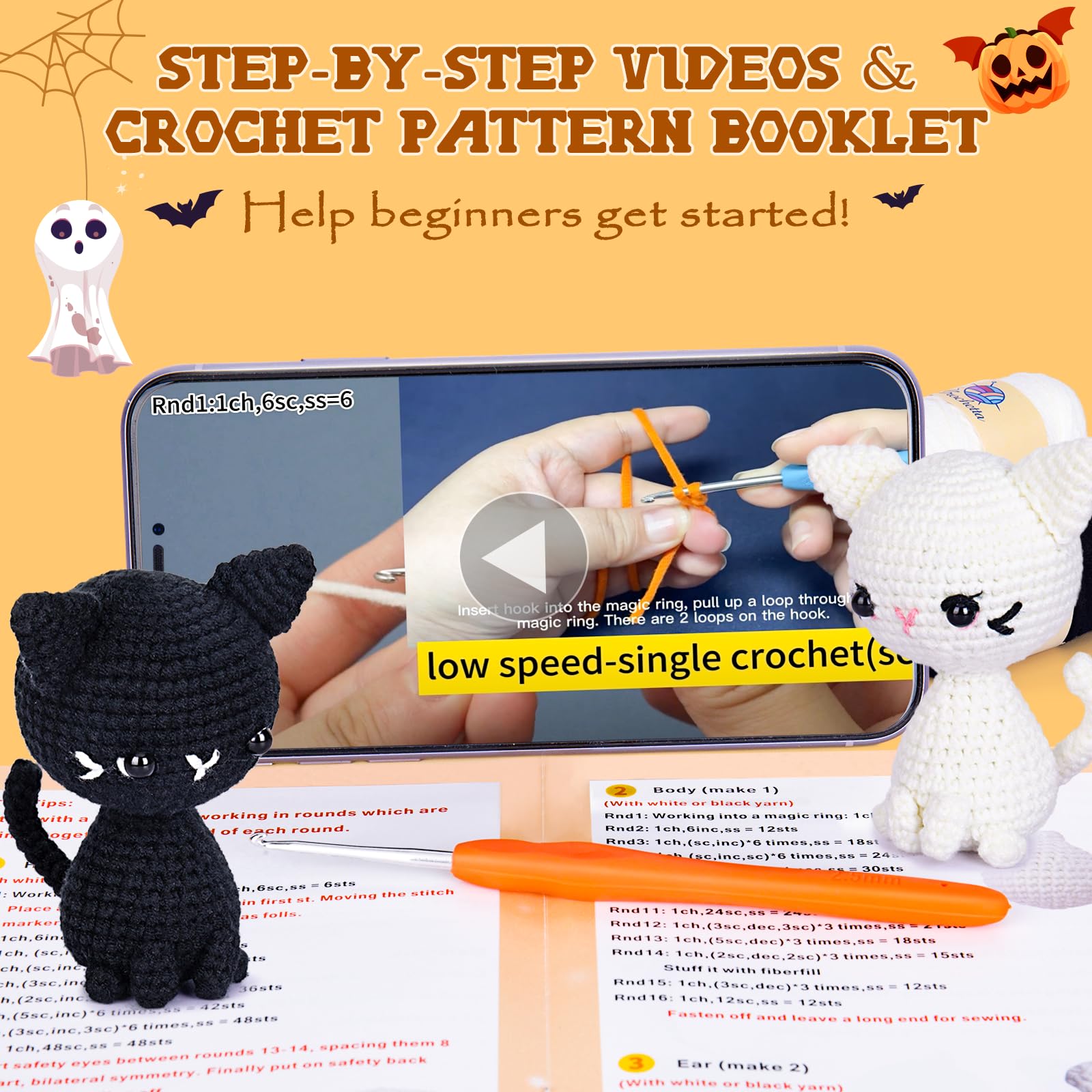 Crochet Kit for Beginners, Crochet Starter Kit with Step-by-Step Video Tutorials, Crochet Animal Kits for Adults Kids, DIY Craft Supplies (Magical Cats)
