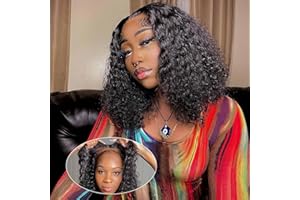 omswet Curly BOB Wig Human Hair 200 Density 5x5 HD Lace Closure Deep Wave Wigs for Black Women Glueless Wear and Go Pre Plucked Deep Wave Wet and Wavy Glueless Wigs Human Hair Natural Black 14 Inch