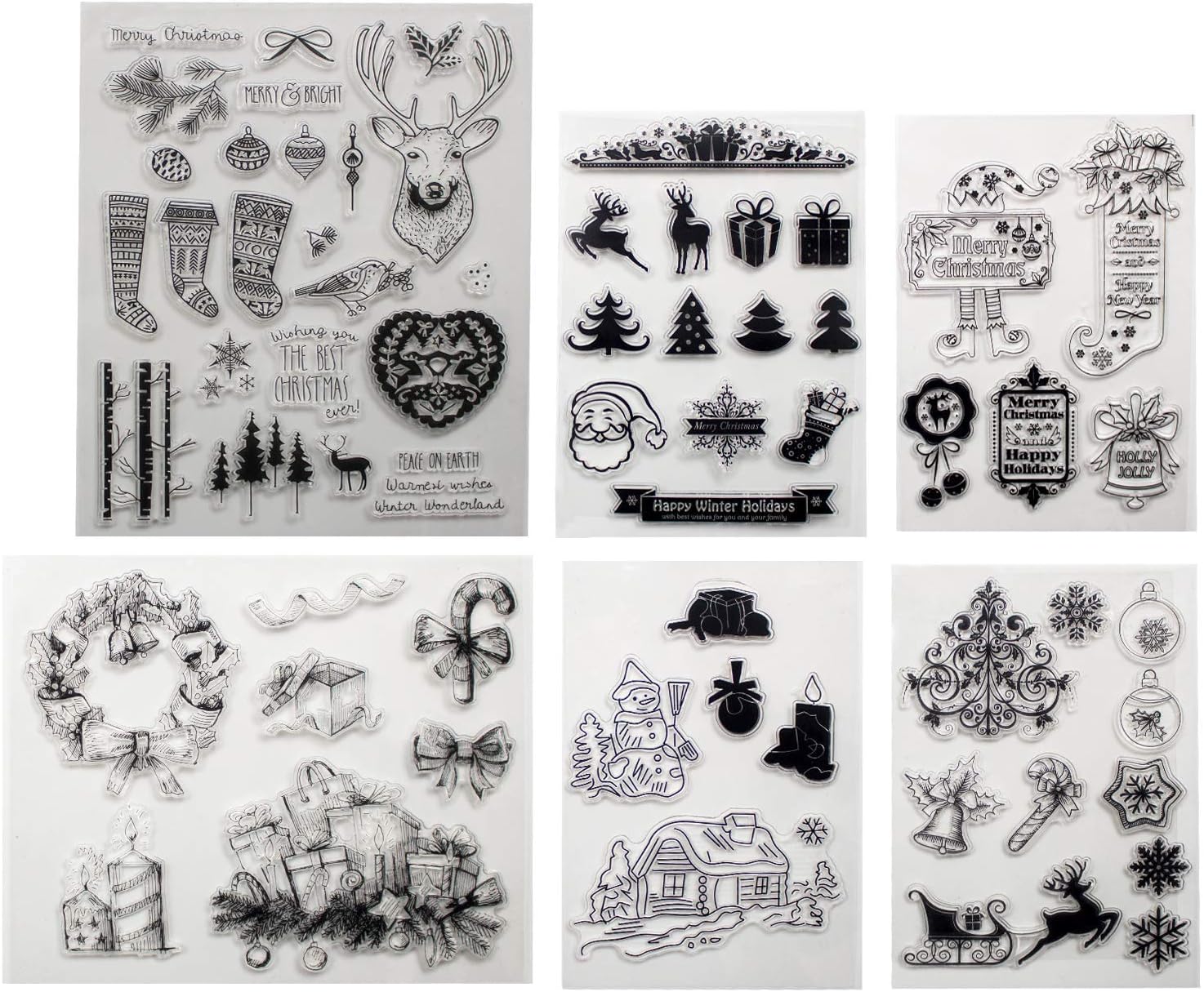 6 Sheets Different Christmas Theme Clear Stamps Scrapbooking Album Paper,Santa Elk for Cards Making Decoration(Happy Winter)