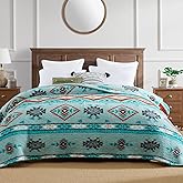 CASAAGUSTO Boho Sherpa Throw Blanket, Aztec King Size Blanket, Ultra Soft, Warm, Cozy, Plush, Thick Fleece Bohemian Throw Blanket for Couch, Bed, Sofa (Aqua 108 * 90 Inch)