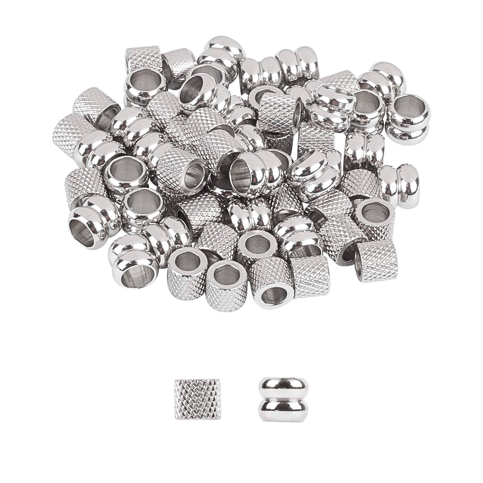 UNICRAFTALE About 60pcs Column Spacer Beads Stainless Steel Large Hole Spacer Beads Smooth Parachute Cord Bead for DIY Bracelet Necklace Jewelry Making, Hole 3~4mm