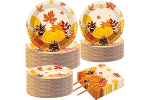 QYEAHKJ 50 Guests Thanksgiving Fall Plates and Napkins Party Supplies Autumn Leaves Disposable Tableware Set Pumpkin Maple Party Decorations Favors for Fall Theme Birthday,200PCS