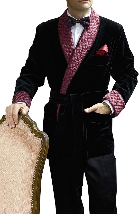 Mens Quited Lapel Cuff Black Velvet Smoking Jackets Christmas Evening
