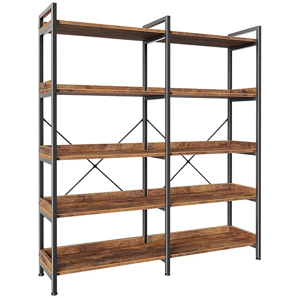 HUUGER 5 TIER BOOKSHELF, DISPLAY BOOKSHELF WITH 10 OPEN SHELVES AND RAISED BAFFLE, 47.2 INCH STRAIGHT WIDE BOOKCASE WITH METAL FRAME AND WOODEN BOARD, ADJUSTABLE FEET, RUSTIC BROWN