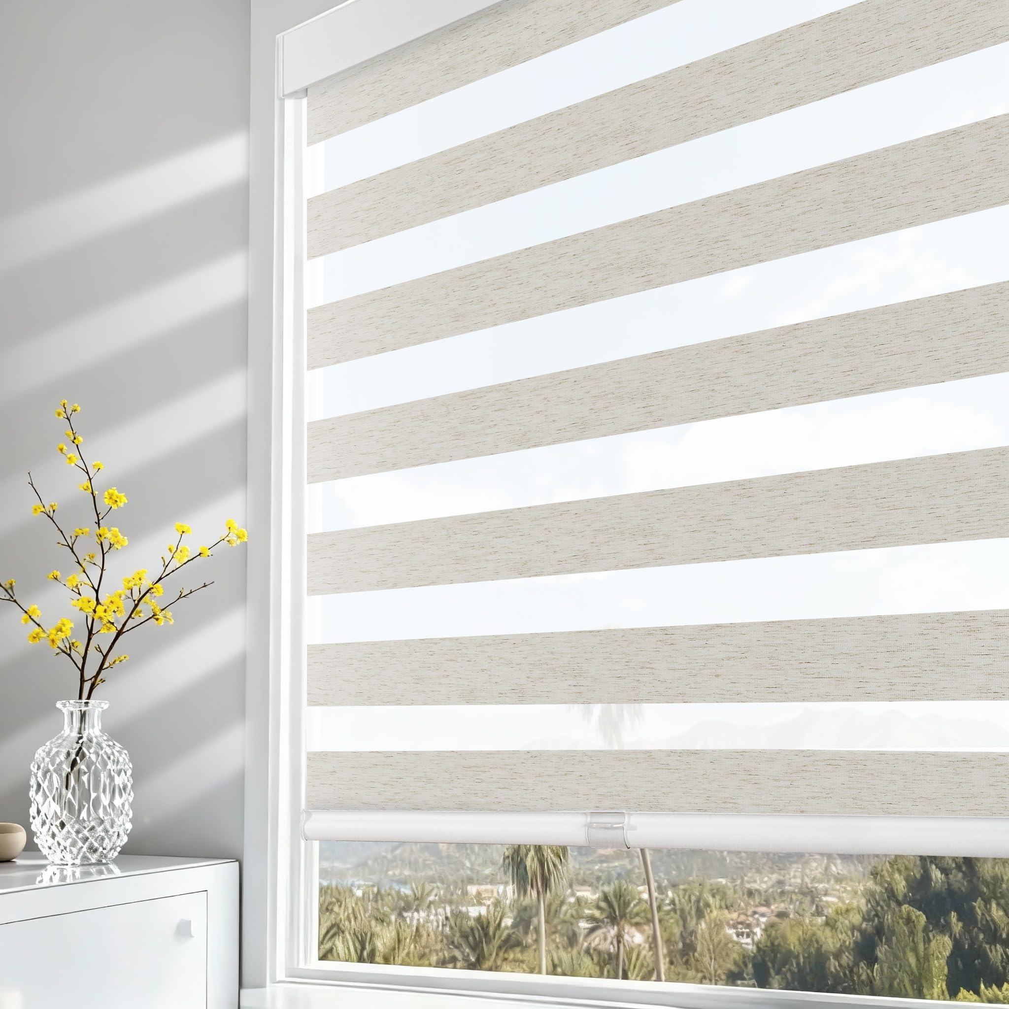 AOSKY Custom Cordless Zebra Blinds for Windows Pull Down Roller Window Shades Dual Layer Light Filtering Privacy for Day and Night, Free-Stop Door Shades for Home Linen Cream
